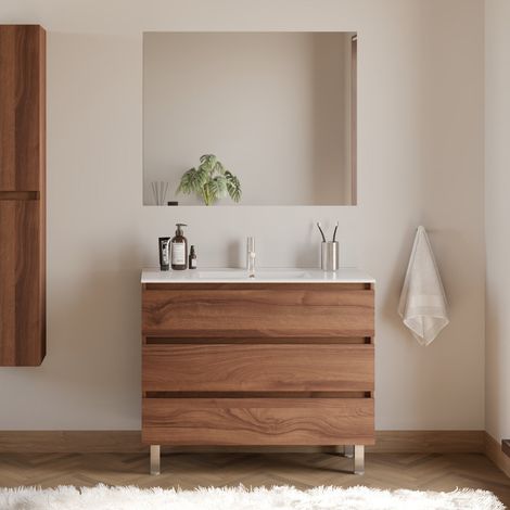 Meuble de salle de bain 100cm simple vasque - 3 tiroirs - noyer (bois foncé) - MAYOR