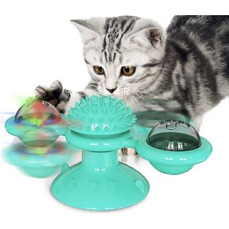 Moulin à vent interactif rotatif pour chat avec brosse pour poils et herbe à chat - Bleu lac (1/5)