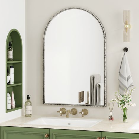 Wandspiegel mit Bogenform – eleganter ovaler Spiegel für Bad, Schminktisch, Wohnzimmer, Schlafzimmer oder Flur – silberfarbene Oberfläche, zeitloses und modernes Design
