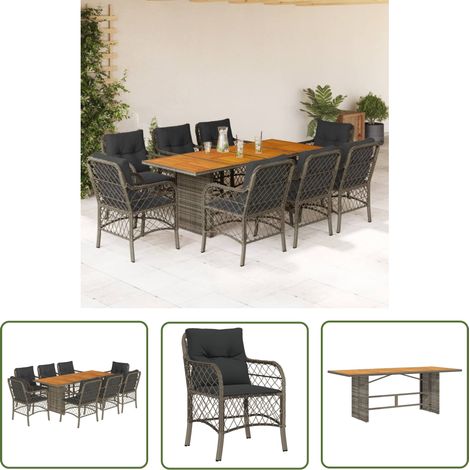 The Living Store 9-tlg. Garten-Essgruppe mit Kissen Grau Poly Rattan - Gartengestelle - Gartenmöbelset - Esstisch - Gartenstuhl - Outdoor Möbel (1/5)
