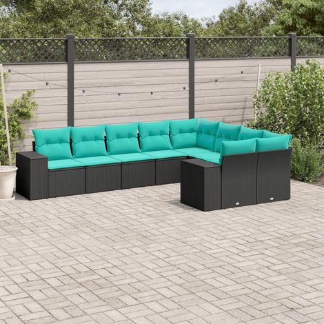 9-teiliges Gartensofa-Set mit Kissen, schwarzes Polyrattan (1/5)