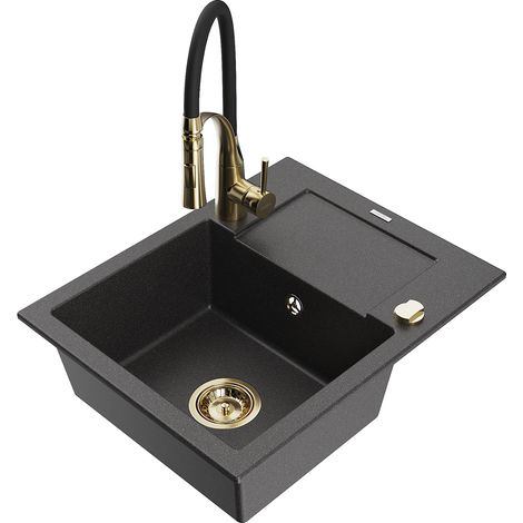 Mexen Enzo Granitspüle 1-Becken mit Abtropffläche und Küchenarmatur Aster, schwarz gesprenkelt - 6506-76-73450-57-G (1/5)