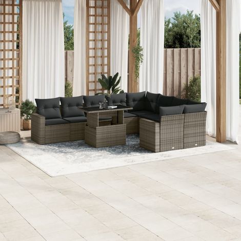 Set de sofás de jardín 10 pzas con cojines ratán sintético gris vidaXL (1/5)