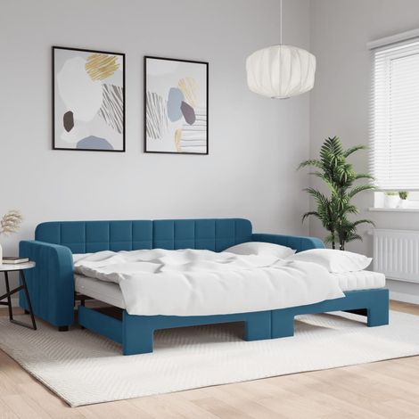 Lit de jour avec lit gigogne et matelas bleu 90x200 cm velours (1/5)