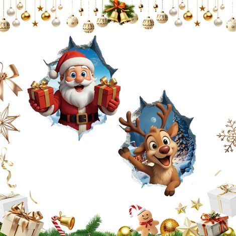 Stickers muraux avec le Père Noël et ses rennes - Effet 3D saisissant - Décorations murales de Noël - Décorations de fête - Décoration intérieure, Décoration de Noël (2 pièces) (1/3)