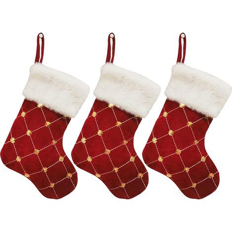 Lot de 3 bas de Noël à paillettes, bas de cheminée à carreaux de 22,9 cm avec paillettes dorées, manchette en peluche blanche, ornements de bas de sapin de Noël suspendus pour décoration de fête de va (1/5)