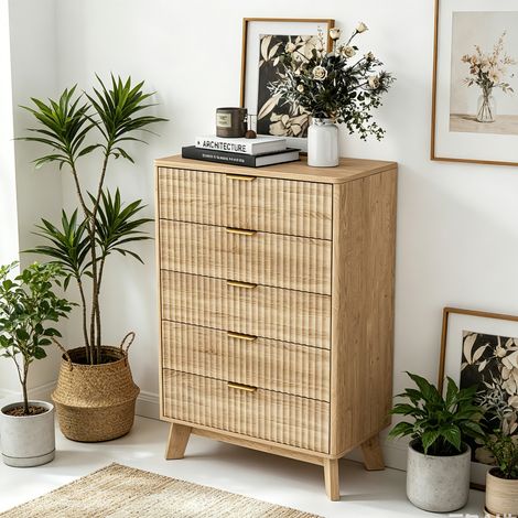 Commode chambre 5 tiroirs scandinave - Commode de rangement moderne - Commode entrée salon bois (1/5)