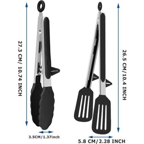 Lot de 2 pinces de cuisine en silicone avec repose-cuillère, manche antidérapant en acier inoxydable pour la cuisson, la friture, le steak et le service (23 cm)