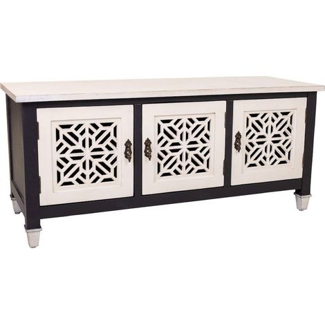Meuble bas bois mdf blanc noir design oriental ajouré - blanc antique et noir profond (1/5)