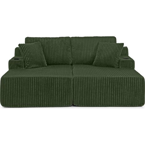 Sofá relax de 2 plazas en tela efecto terciopelo acanalado verde con portavasos y bolsillo lateral (1/5)