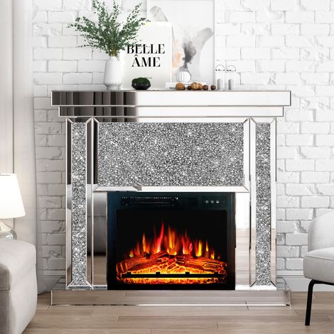 Mirrored Glass Electric Fireplace Crushed Diamond Home Decor (1/5)