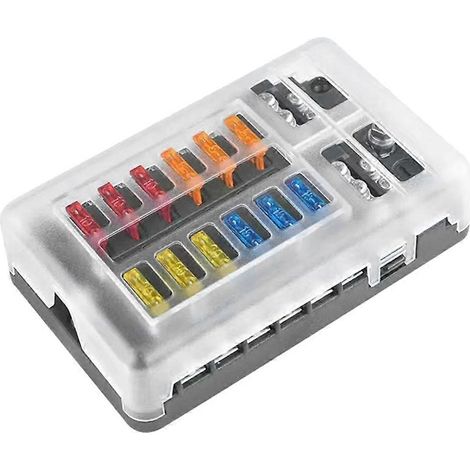 Bloc de fusibles à lames à 12 voies, distributeur d'alimentation pour voiture 12-24 V, support pour boîtier de bateau avec couvercle en plastique pour tableau électrique et accessoires de camping-car (1/5)