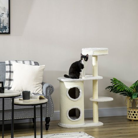 Arbre pour chat avec tambour à griffer, 1 couchage félin et accessoire ludique, 59 x 35 x 100 cm, crème