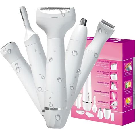 Rasoir électrique 5 en 1 pour femme, ensemble de rasoirs corporels IPX5 étanches et rechargeables pour le visage, les jambes, les bras, les aisselles, le nez (1/5)