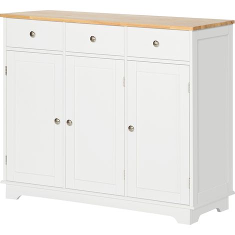Sideboard with Rubber Wood Top, Modern Storage Cabinet, Kitchen Cupboard with 3 Doors, 3 Drawers 3 Adjustable Shelves for Dining Room, Living Room, White (1/5)