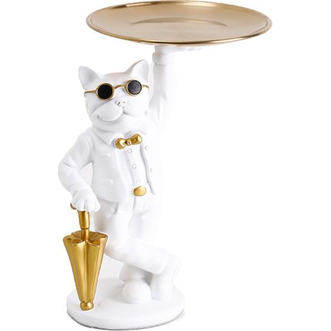 Plateau de rangement de bureau en résine représentant un bouledogue blanc, plateau porte-clés artisanal pour la décoration de votre porche. (1/4)