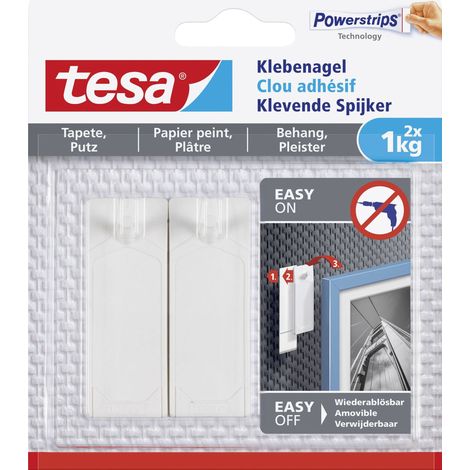 Tesa – Clou adhésif blanc pour surfaces lisses – Force de maintien 1 kg – Lot de 2 – Convient pour papier peint et plâtre - W680211