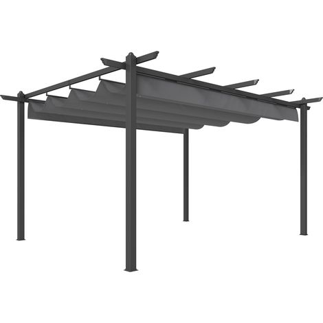 Outsunny pérgola de jardín 4x3 m con techo retráctil, cenador de jardín con estructura de aluminio, UPF30+, orificios de drenaje, gris