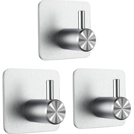 3 Pcs 3M Adhesive Hook, Bathroom Wall Hook, No Drilling Towel Holder, Stainless Steel Kitchen Towel Hanger, Silver