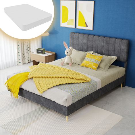 Lit rembourré moderne 140x200 cm gris avec matelas inclus, base basse, REDOM (1/5)