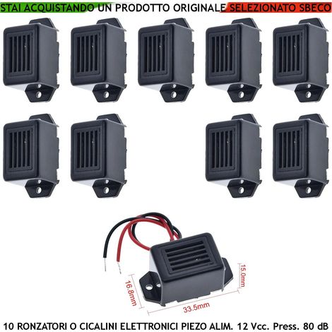 Cicalino Piezoelettrico 10 Pezzi Alimentazione 12 Vcc Assorbimento 35 mA 75 dB ad un Metro Beep Mononota Frequenza 400±100 Hz Segnala Guasto Anomalia Avviso di Fine Tempo Chiamata Chef Contenitore ABS (1/2)