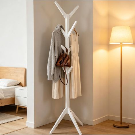 Porte-manteau sur pied en bois massif blanc avec 8 crochets, 43 x 43 x 180 cm, format gain de place (1/5)