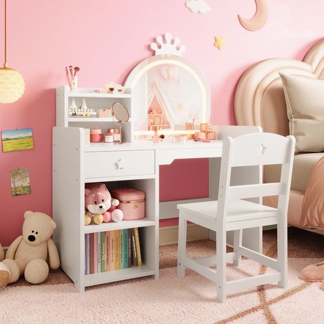 Table de Coiffeuse Princesse avec Miroir à LED pour Enfants - Bureau Maquillage en Bois avec Chaise, Tiroir et Étagères-Blanc (1/4)