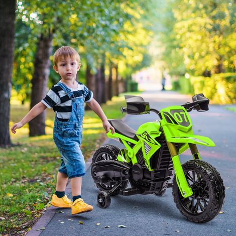 Moto électrique pour enfants de 3 ans et plus, batterie 12 V, avec stabilisateurs et klaxon, capacité de charge de 30 kg, verte