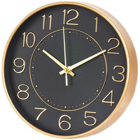 Orologio da parete wireless per bambini con telecomando - Silenzioso, 25 cm, impostazione automatica dell'ora, elegante design nero e oro (1/5)
