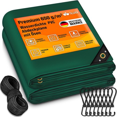 tillvex Telone verde 2x3 m con occhielli + 10 ganci e 15 m di corda Telone in tessuto 650 g/m² impermeabile e antistrappo Telone in PVC premium universale per camion, piscine, mobili da giardino in