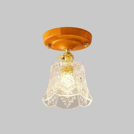 Plafonnier semi-encastré de style français vintage, base en bois massif de 15 cm, abat-jour en verre gaufré, culot E26 E27, pour chambre, salon, couloir, entrée, intérieur (1/5)