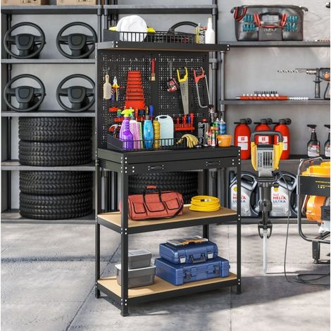 Werkbank 80 x 40,5 x 155 cm mit Lochwand, Schublade und 2 Ablagen, schwarz HAVRYA (1/4)