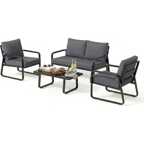 Salon de jardin 4 pièces coussins déhoussables épais 10cm table basse verre trempé noir