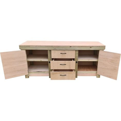 Eucalyptus top workbench with drawers and double lockable cupboard (V.8) (H-90cm, D-70cm, L-210cm) with double shelf (1/5)