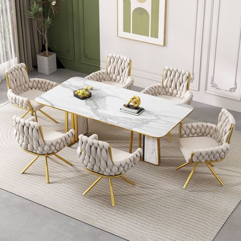 Set of 6, Velvet Dining Chair, Armchair, Single Luxurious Living Room and Bedroom Swivel Chair, Leisure Swivel Chair with Four Metal Support Legs, Beige