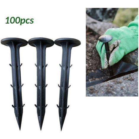 100 Gartenpfähle zur Befestigung von Unkrautvlies, schwarze Kunststoff-Erdanker für Mulchgewebe (1/5)