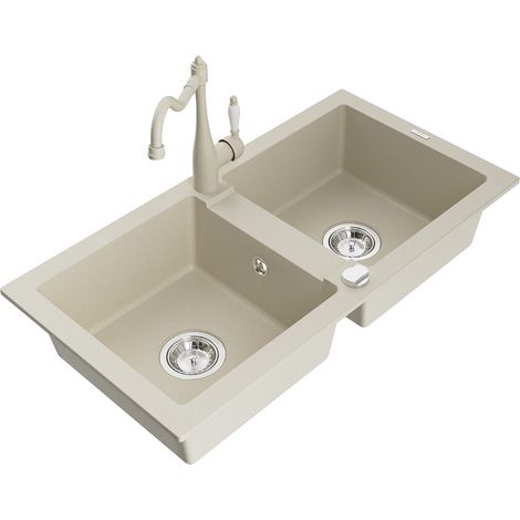 Mexen Mario lavello in granito a 2 vasche con miscelatore da cucina Carla, beige - 6504-69-670700-69 (1/5)