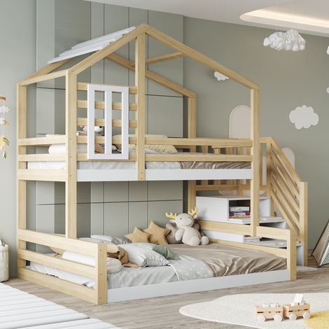 Lit superposé 140x200cm Maison ludique avec fenêtre escalier rangement bois couleur naturelle (Sans matelas) (1/5)