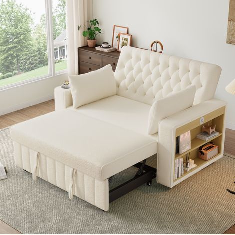 Sofá cama 140x137x84 cm beige en chenilla con respaldo reclinable, USB, portabebidas y almacenaje lateral (1/5)