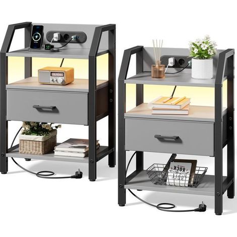 EcoFurnix Nightstands Set of 2 with Outlets & USB Ports, Night Table with LED, Accent Table with Fabric Drawers - Gray