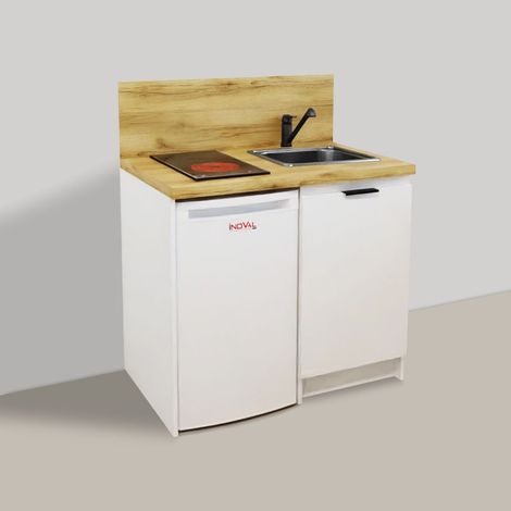 Inoval – Kitchenette blanche 100cm – Meuble mélaminé 16mm – Plaque vitrocéramique 3000W – Évier inox 39x45cm – Réfrigérateur table top 86L (1/4)