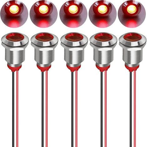 5 LED da 12 mm 12/24 V CC, indicatori in metallo - Luce di segnalazione impermeabile, spia direzionale per cruscotto con cavo (rosso) (1/5)