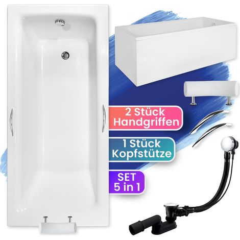 Badewanne Rechteck 160x75 mit AcrylSchürze + Handgriffen + Kopfstütze, Ablauf & Füße GRATIS - Komplettset 6in1 Acryl Wanne - BADLAND TALIA PREMIUM (1/5)
