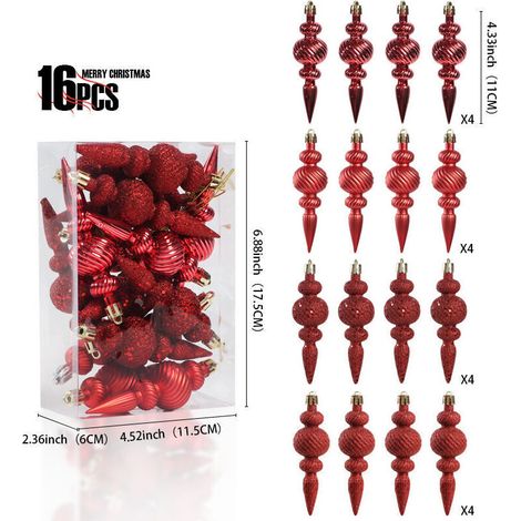 Set mit 16 Weihnachtskugeln – Klassischer Baumschmuck – Weihnachtskugeln – Weihnachtsdekoration – Bruchsicher – Rot – Crezuo