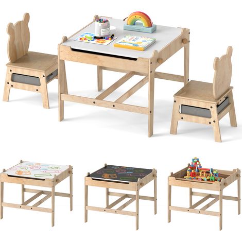 COSTWAY Kids Table & Chairs 4 in 1 Wooden Activity Desk Set-Grey(Bear Shape) (1/5)