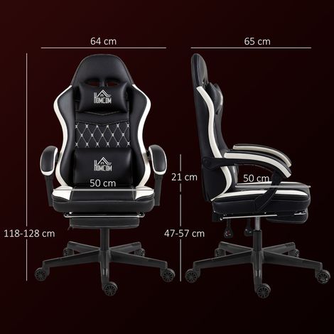 Chaise de jeu avec repose-pieds, chaise d'ordinateur avec appui-tête et coussin, revêtement en similicuir, pivotante, réglable en hauteur, métal, plastique, noir et blanc (1/5)