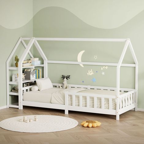 ML-Design Letto a Casetta 90x200 cm per Bambini, Colore Bianco, in Legno di Pino, con Protezione Anticaduta e Libreria Integrata, Tetto e Rete a Doghe, Letto a Terra Montessori per Cameretta (1/5)