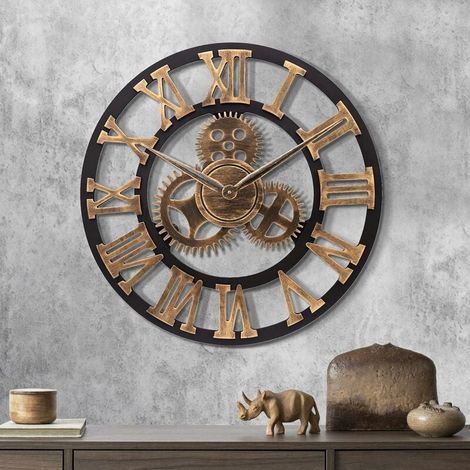 Horloge Murale Industrielle à Engrenages Dorés et Bois 58cm - Pendule à Quartz Chiffres Romains Silencieuse - pour Salon, Bar, Restaurant (1/5)