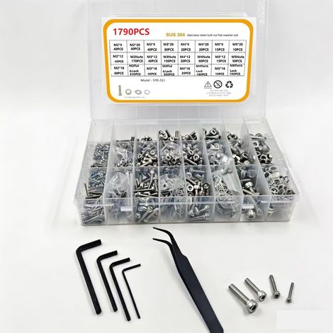 1790-teiliges Edelstahl-304-Schrauben- und Mutterset (M2, M3, M4, M5) – Komplettset metrischer Schrauben für mechanische Reparaturen, Heimwerken und Installation (1/4)