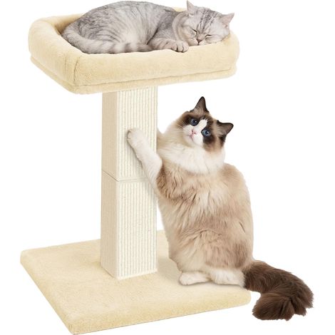 Arbre à chat de 81,3 cm avec grand perchoir en peluche, griffoir en sisal et tapis, poteaux verticaux avec lit surélevé pour chats domestiques, housse amovible et lavable, beige (1/5)